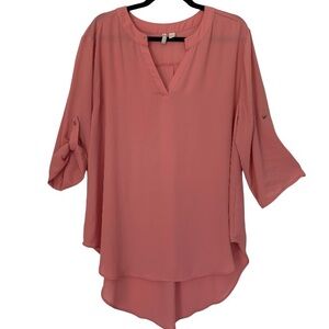 CATO Women’s PLUS Blouse Coral Split Neck‎ Button Sleeve High/Low Hem 18/20W